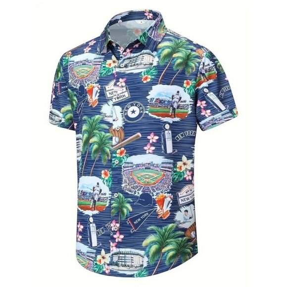 New New York Yankees Hawaiian Button Up Shirt Blue Men's - Picture 1 of 5